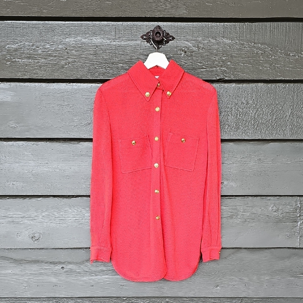 ST JOHN Vintage Santana Knit Red Button Down Oversized Sweater Shirt sz S Womens